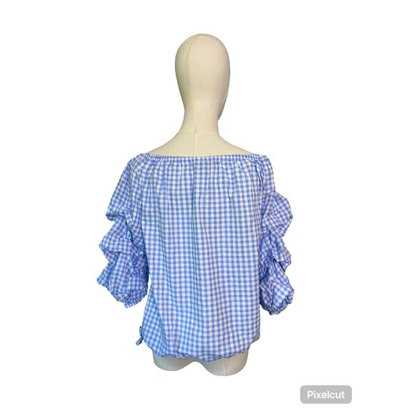 CeCe Blue Gingham Off Shoulder Blouse M | Ruffle Sleeve Tie Hem Cotton Top - Picture 5 of 6